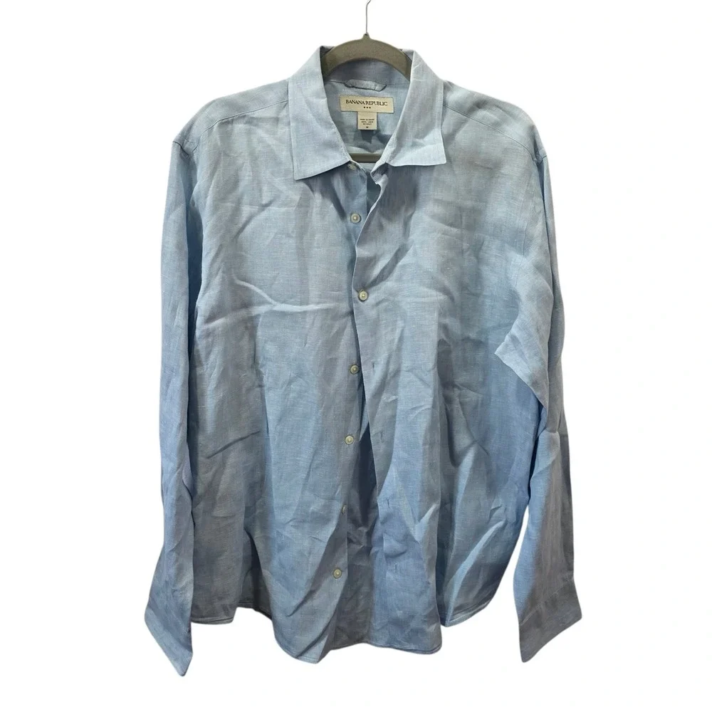 Banana Republic Mens Medium 100% Linen Button Up Shirt Blue Long Sleeve Casual